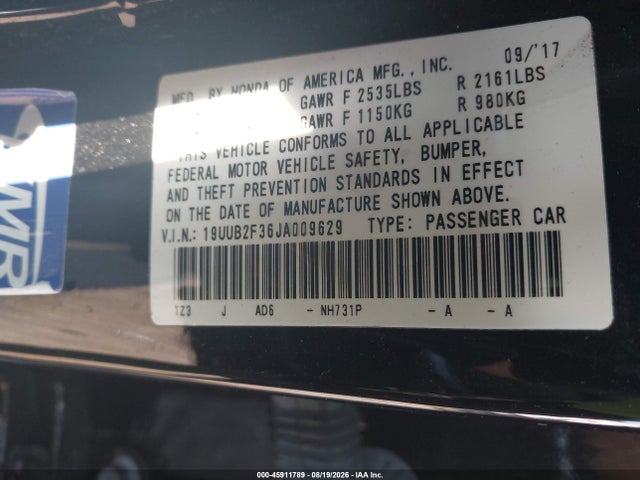 2018 Acura Tlx მანქანა იყიდება აუქციონზე, vin: 19UUB2F36JA009629, აუქციონის ნომერი: 45911789