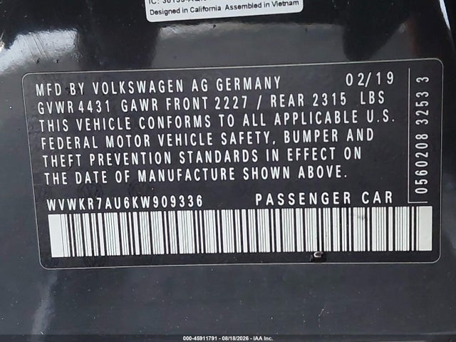 Продажа на аукционе авто 2019 Volkswagen E-golf Se, vin: WVWKR7AU6KW909336, номер лота: 45911791