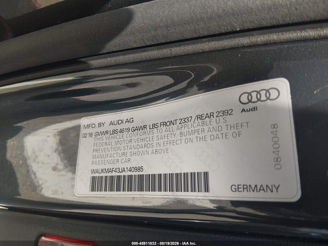 2018 Audi A4 2.0t Tech Ultra Premium/2.0t Ultra Premium მანქანა იყიდება აუქციონზე, vin: WAUKMAF43JA140985, აუქციონის ნომერი: 45911832