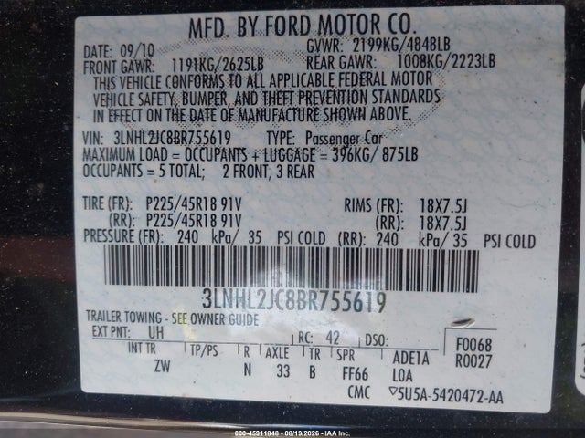 Продажа на аукционе авто 2011 Lincoln Mkz, vin: 3LNHL2JC8BR755619, номер лота: 45911848