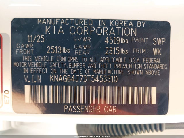 2026 Kia K5 Gt-line Awd მანქანა იყიდება აუქციონზე, vin: KNAG64J73T5453310, აუქციონის ნომერი: 45911850