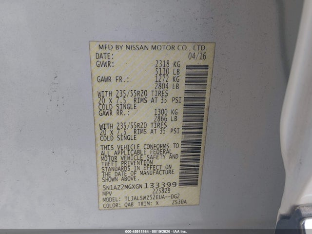 2016 Nissan Murano Platinum მანქანა იყიდება აუქციონზე, vin: 5N1AZ2MGXGN133399, აუქციონის ნომერი: 45911864