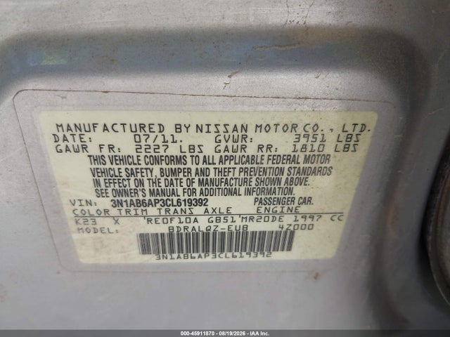 45911870 :رقم المزاد ، 3N1AB6AP3CL619392 vin ، 2012 Nissan Sentra 2.0 مزاد بيع