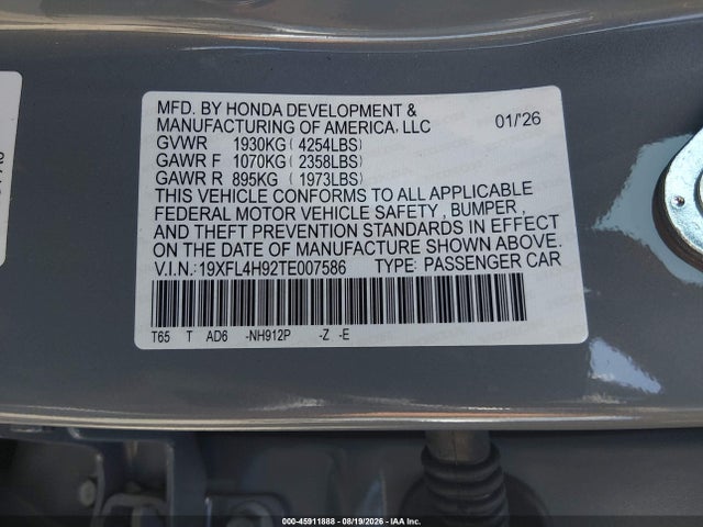45911888 :رقم المزاد ، 19XFL4H92TE007586 vin ، 2026 Honda Civic Hybrid Sport Touring مزاد بيع