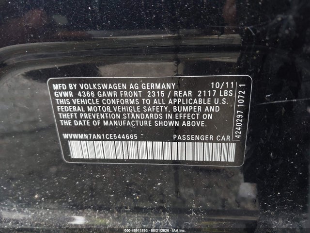 2012 Volkswagen Cc Sport მანქანა იყიდება აუქციონზე, vin: WVWMN7AN1CE544665, აუქციონის ნომერი: 45911893