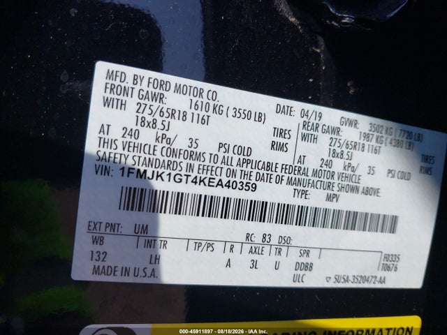 1FMJK1GT4KEA40359 Ford Expedition Max Xl