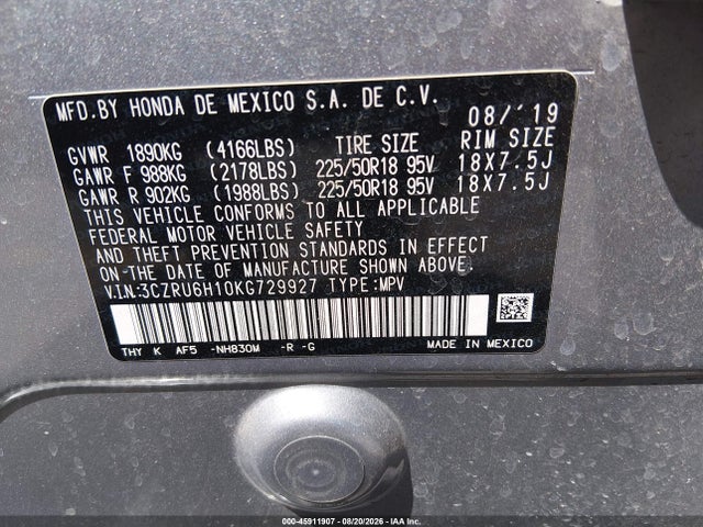 Продажа на аукционе авто 2019 Honda Hr-v Sport, vin: 3CZRU6H10KG729927, номер лота: 45911907