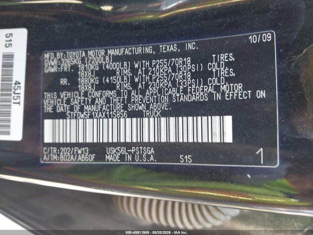 Aukcja sprzedaży 2010 Toyota Tundra Grade 5.7l V8, vin: 5TFDW5F1XAX115856, numer aukcji: 45911908