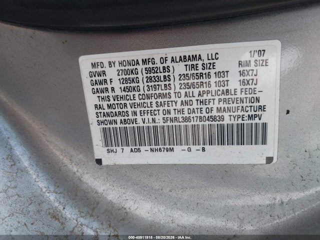 Auction sale of the 2007 Honda Odyssey Ex-l, vin: 5FNRL38617B045839, lot number: 45911918