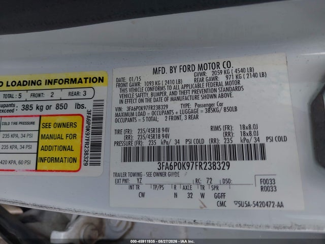 45911935 :رقم المزاد ، 3FA6P0K97FR238329 vin ، 2015 Ford Fusion Titanium مزاد بيع