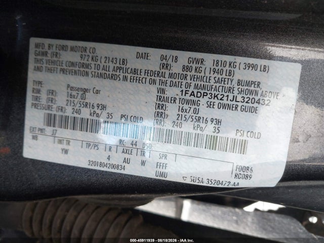 Продажа на аукционе авто 2018 Ford Focus Se, vin: 1FADP3K21JL320432, номер лота: 45911939