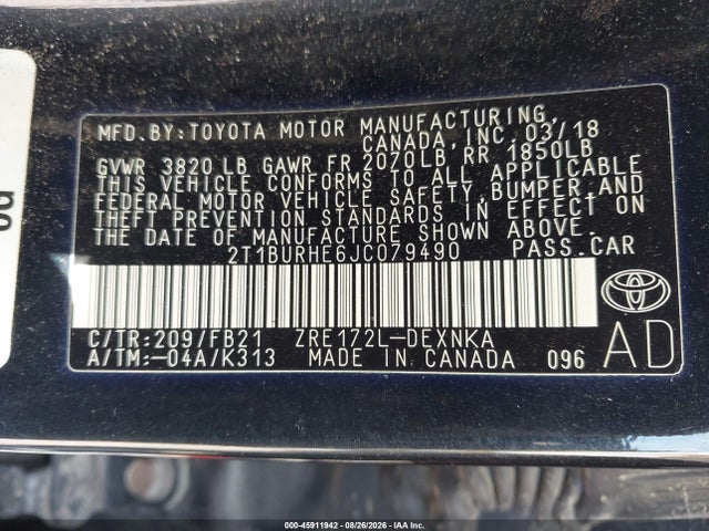 Продаж на аукціоні авто 2018 Toyota Corolla Le, vin: 2T1BURHE6JC079490, номер лоту: 45911942