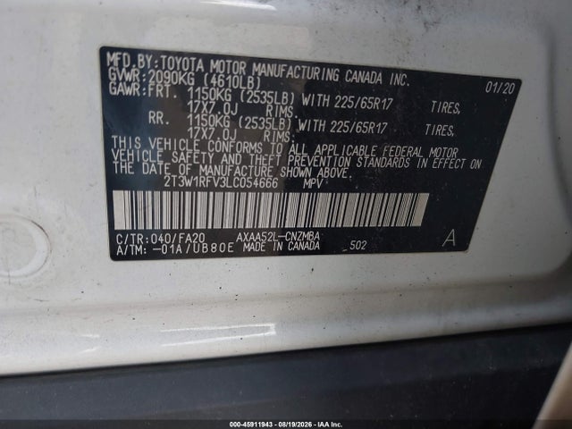 2020 Toyota Rav4 Xle მანქანა იყიდება აუქციონზე, vin: 2T3W1RFV3LC054666, აუქციონის ნომერი: 45911943