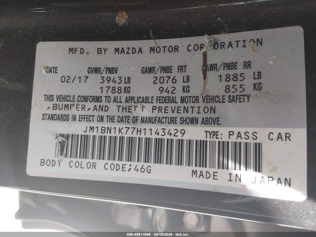 Aukcja sprzedaży 2017 Mazda Mazda3 Sport, vin: JM1BN1K77H1143429, numer aukcji: 45911956
