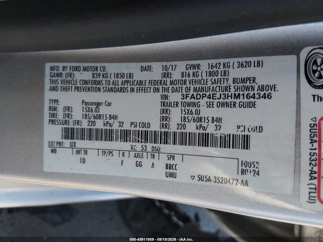 2017 Ford Fiesta Se მანქანა იყიდება აუქციონზე, vin: 3FADP4EJ3HM164346, აუქციონის ნომერი: 45911959