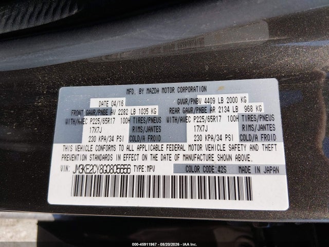 Aukcja sprzedaży 2016 Mazda Cx-5 Touring, vin: JM3KE2CY8G0805656, numer aukcji: 45911967