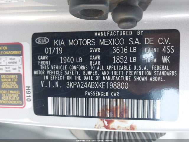 2019 Kia Rio S მანქანა იყიდება აუქციონზე, vin: 3KPA24ABXKE198800, აუქციონის ნომერი: 45911971