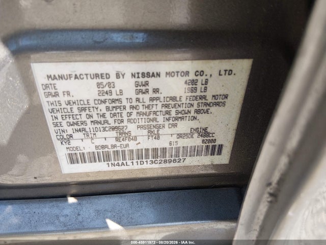Продажа на аукционе авто 2003 Nissan Altima 2.5 S, vin: 1N4AL11D13C289627, номер лота: 45911972