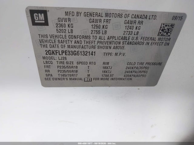 45911977 :رقم المزاد ، 2GKFLPE33G6132141 vin ، 2016 Gmc Terrain Slt مزاد بيع