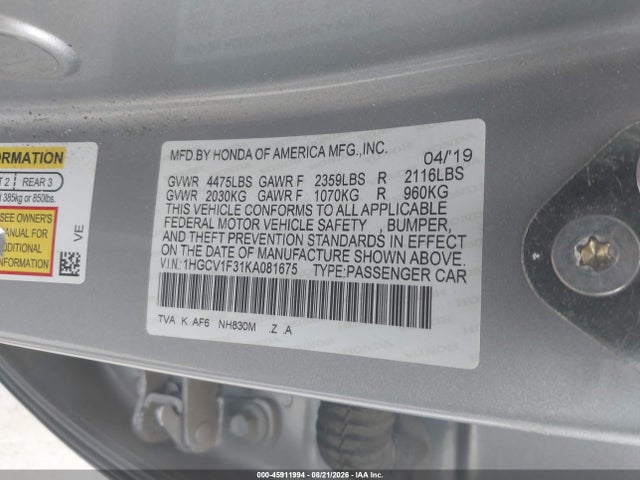 Aukcja sprzedaży 2019 Honda Accord Sport, vin: 1HGCV1F31KA081675, numer aukcji: 45911994