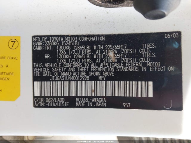 Aukcja sprzedaży 2004 Lexus Rx 330, vin: JTJGA31U440012928, numer aukcji: 45911997