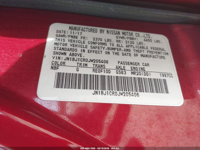 Aukcja sprzedaży 2018 Nissan Rogue Sport Sv, vin: JN1BJ1CR0JW205406, numer aukcji: 45911998