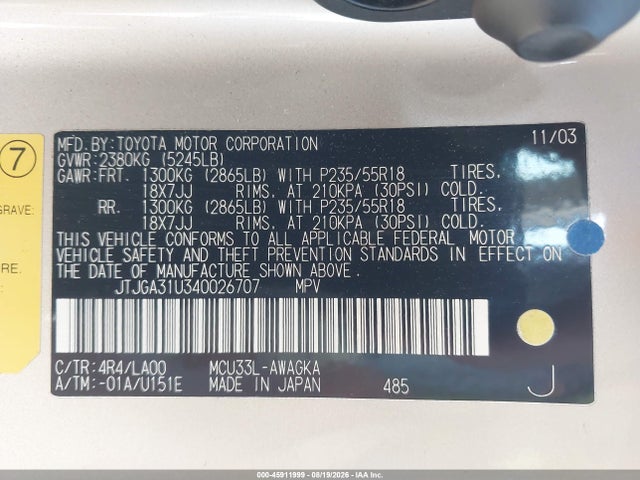 Aukcja sprzedaży 2004 Lexus Rx 330, vin: JTJGA31U340026707, numer aukcji: 45911999