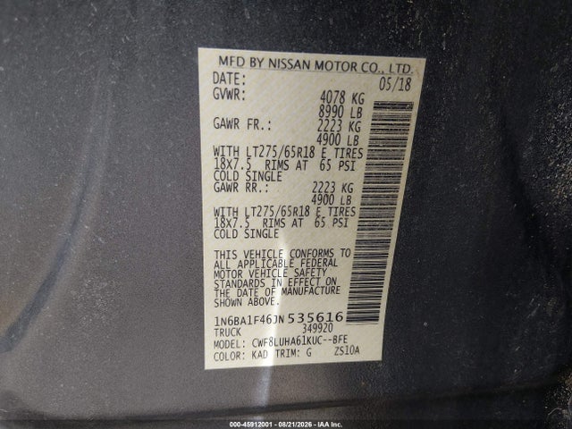 Продажа на аукционе авто 2018 Nissan Titan Xd Pro-4x Diesel, vin: 1N6BA1F46JN535616, номер лота: 45912001