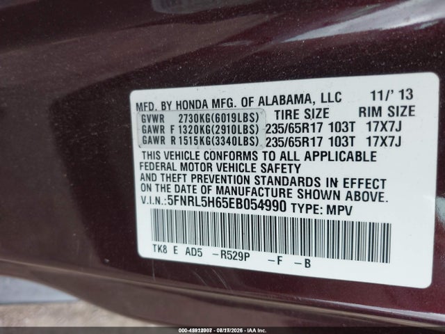 45912007 :رقم المزاد ، 5FNRL5H65EB054990 vin ، 2014 Honda Odyssey Ex-l مزاد بيع