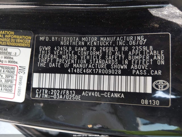 2007 Toyota Camry Ce მანქანა იყიდება აუქციონზე, vin: 4T4BE46K17R009028, აუქციონის ნომერი: 45912016