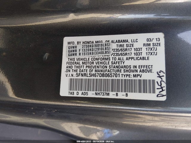 Aukcja sprzedaży 2013 Honda Odyssey Ex-l, vin: 5FNRL5H67DB065701, numer aukcji: 45912033