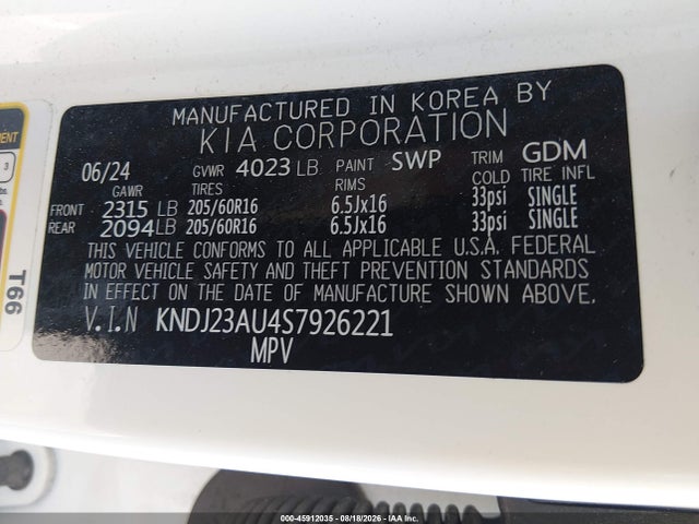 Продажа на аукционе авто 2025 Kia Soul Lx, vin: KNDJ23AU4S7926221, номер лота: 45912035