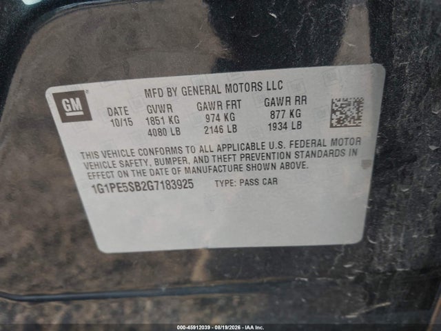 45912039 :رقم المزاد ، 1G1PE5SB2G7183925 vin ، 2016 Chevrolet Cruze Limited 1lt Auto مزاد بيع