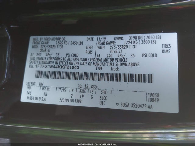 Продажа на аукционе авто 2019 Ford F-150 Xlt, vin: 1FTFX1E44KKF21043, номер лота: 45912045