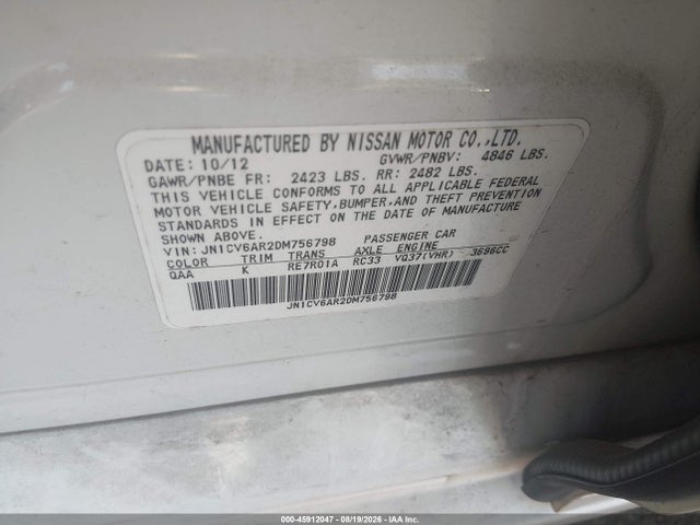 45912047 :رقم المزاد ، JN1CV6AR2DM756798 vin ، 2013 Infiniti G37x مزاد بيع