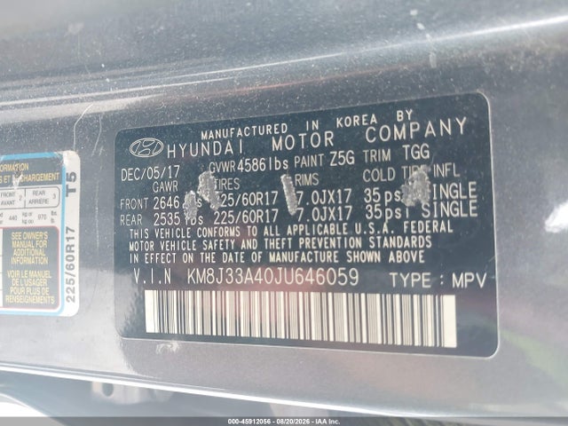 2018 Hyundai Tucson Sel მანქანა იყიდება აუქციონზე, vin: KM8J33A40JU646059, აუქციონის ნომერი: 45912056