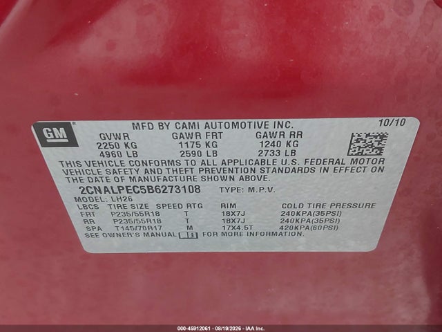Aukcja sprzedaży 2011 Chevrolet Equinox 2lt, vin: 2CNALPEC5B6273108, numer aukcji: 45912061