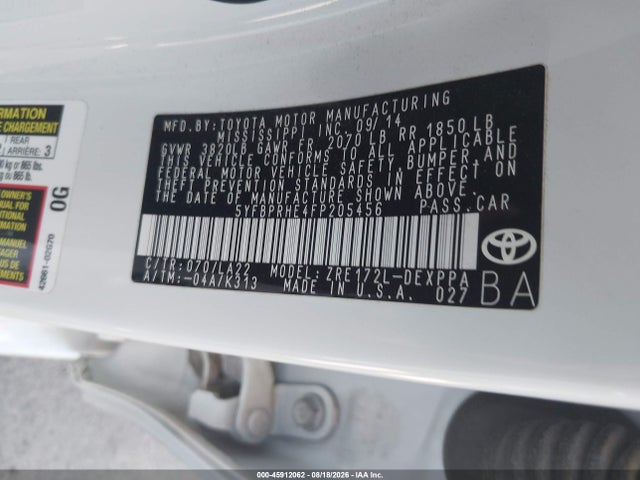 2015 Toyota Corolla Le Eco Premium მანქანა იყიდება აუქციონზე, vin: 5YFBPRHE4FP205456, აუქციონის ნომერი: 45912062