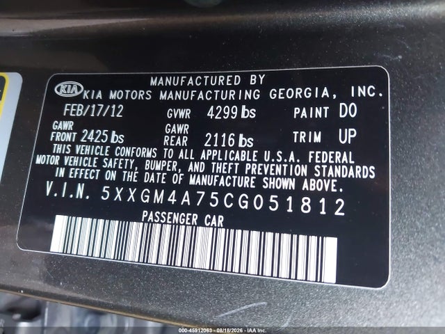 Aukcja sprzedaży 2012 Kia Optima Lx, vin: 5XXGM4A75CG051812, numer aukcji: 45912063