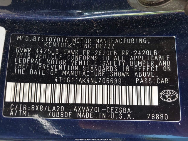 Aukcja sprzedaży 2022 Toyota Camry Se, vin: 4T1G11AK4NU706689, numer aukcji: 45912069