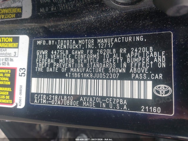 4T1B61HK8JU052307 Toyota CAMRY XSE
