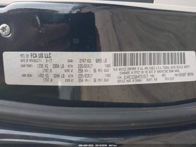 Aukcja sprzedaży 2017 Chrysler Pacifica Touring-l Plus, vin: 2C4RC1EG8HR721517, numer aukcji: 45912085