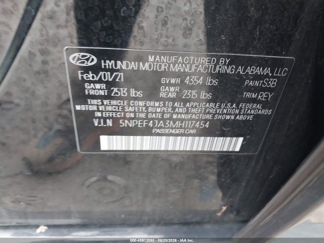 Aukcja sprzedaży 2021 Hyundai Sonata Sel, vin: 5NPEF4JA3MH117454, numer aukcji: 45912095