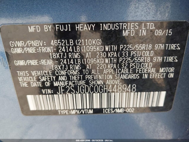 45912096 :رقم المزاد ، JF2SJGDC0GH448948 vin ، 2016 Subaru Forester 2.0xt Premium مزاد بيع