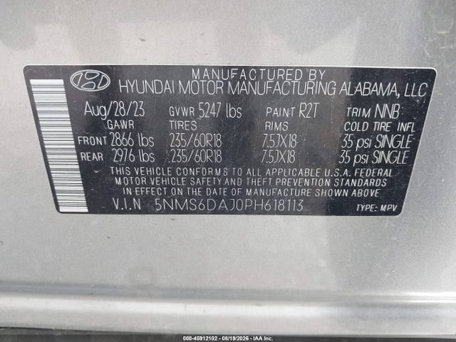Aukcja sprzedaży 2023 Hyundai Santa Fe Xrt, vin: 5NMS6DAJ0PH618113, numer aukcji: 45912102