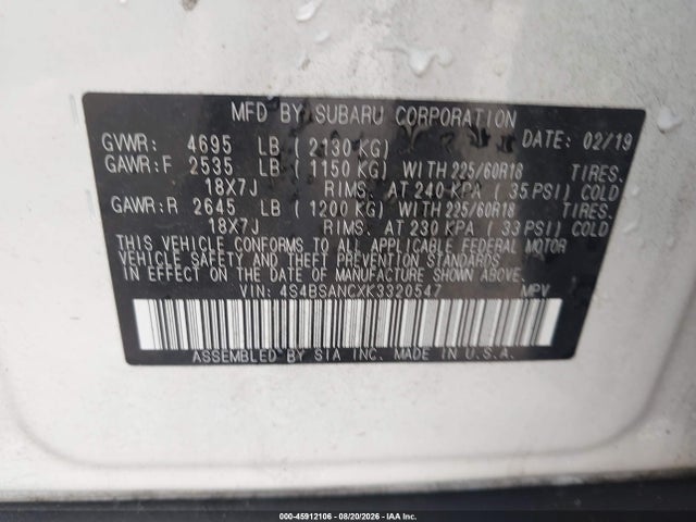 45912106 :رقم المزاد ، 4S4BSANCXK3320547 vin ، 2019 Subaru Outback 2.5i Limited مزاد بيع
