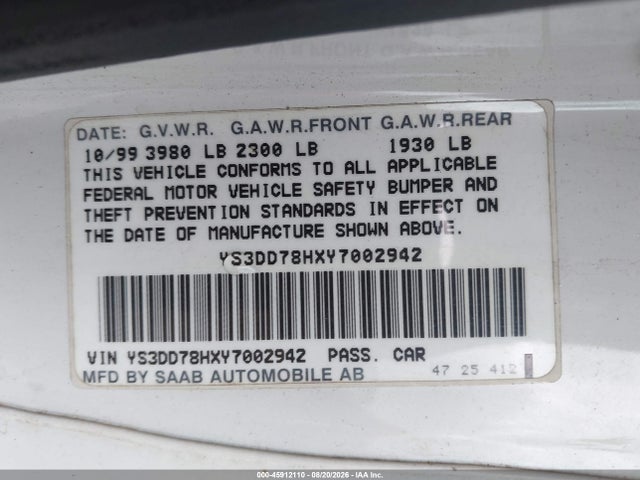 Продаж на аукціоні авто 2000 Saab 9-3, vin: YS3DD78HXY7002942, номер лоту: 45912110
