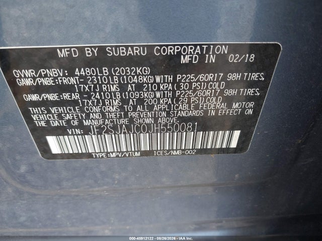 Aukcja sprzedaży 2018 Subaru Forester 2.5i Limited, vin: JF2SJAJC0JH550081, numer aukcji: 45912122