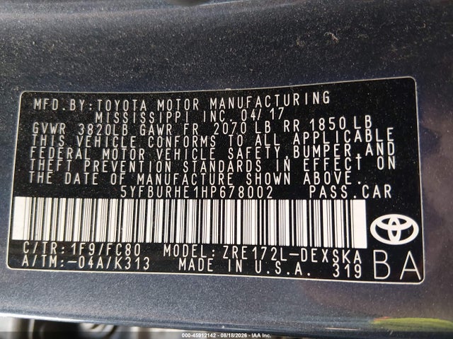 Toyota COROLLA SE 2017 5YFBURHE1HP678002 Image 9