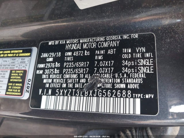 Продажа на аукционе авто 2018 Hyundai Santa Fe Sport 2.4l, vin: 5XYZT3LBXJG562688, номер лота: 45912151
